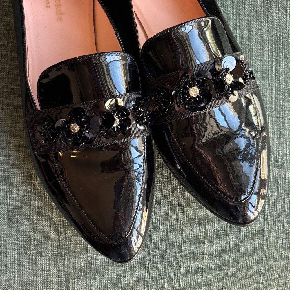 kate spade Cleo floral Black Patent Floral-Embellished Pointed Loafers Women’s 8 - Picture 12 of 14